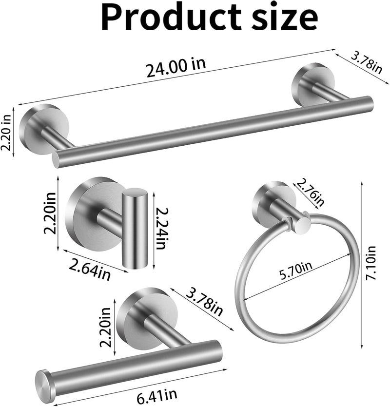 Hinmood Bathroom Hardware Set Brushed Nickel, 24 Inch Towel Bar Set 10 Pieces Bathroom Accessories Set Includes Includes 2 Packs 24 Inch Towel Bar, Towel Ring, Toilet Holder and 4 Packs Towel Hooks - Image 2